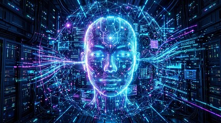 Fototapeta premium Glowing digital human face emerging from neural networks