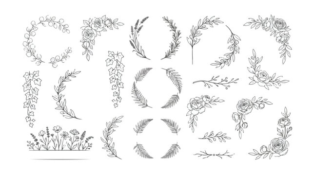 Hand drawn botanical floral wreaths and borders, delicate line art flower frames, elegant black ink foliage vector set for wedding stationery