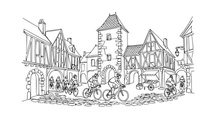 Fototapeta premium Charming European Village Scene with Cyclists and Historic Architecture