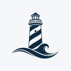 Striped lighthouse with ocean waves, nautical maritime on a light background, for travel and, coastal themes © dipu