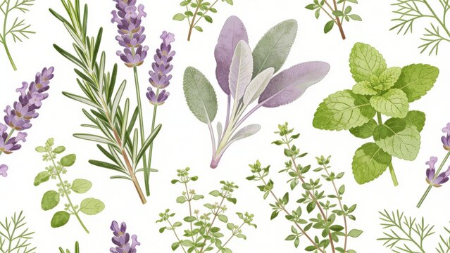 Seamless pattern of watercolor organic herbs lavender mint sage and rosemary