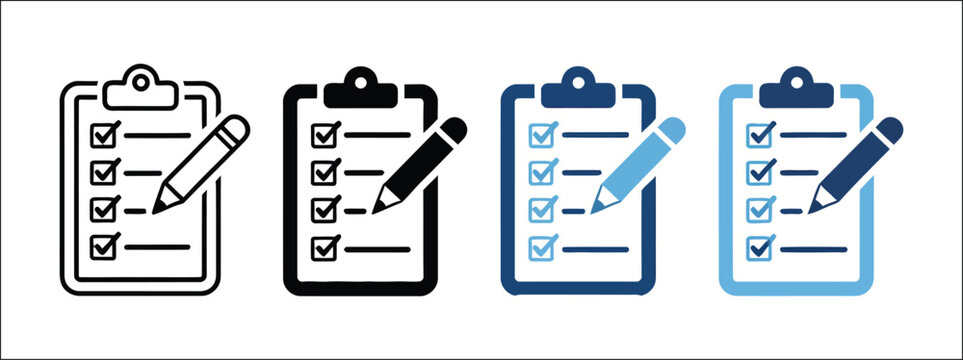 Checklist illustration icon collection, multiple style task completion symbols, check mark list icons, document verification and workflow management design elements, editable vector graphics for web, 
