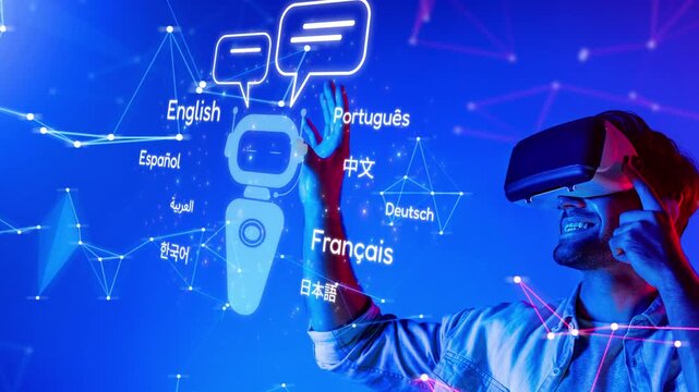 A man explores virtual reality while communicating with text in multiple languages. This image captures the essence of technology bridging cultural gaps in a modern world. Raster