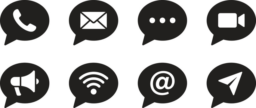 Social media icons, chat bubbles, communication symbols, messaging signs, vector graphics
