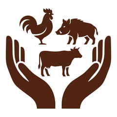 Brown silhouettes of hands protecting rooster pig and cow on white background icon © Nur