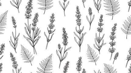 Lavender and wild fern seamless pattern, botanical line art © Vistara Studio