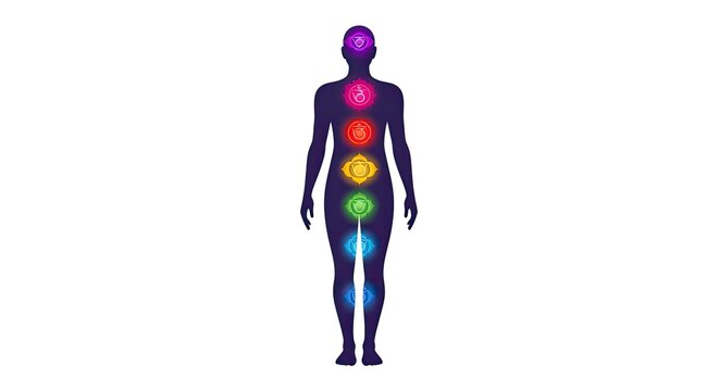 Human body illustration with colorful chakra symbols on front