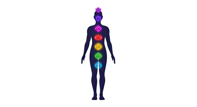 Human body illustration with colorful chakra symbols on front