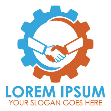 Gear icon with handshake and lorem ipsum text on white background icon