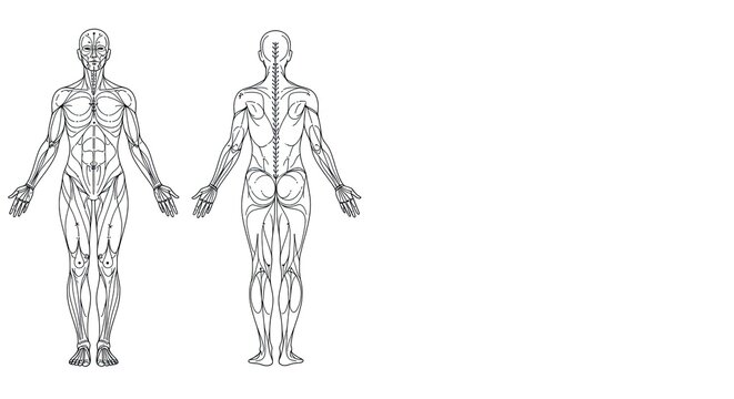 Anatomical illustration of human body front and back views showing muscles and organs.