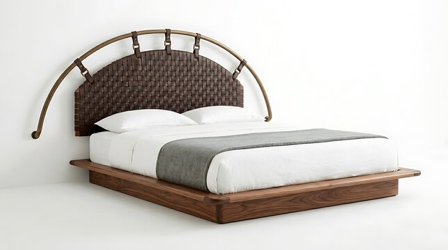 Unique bed frame featuring woven leather headboard and brass pipe railing.