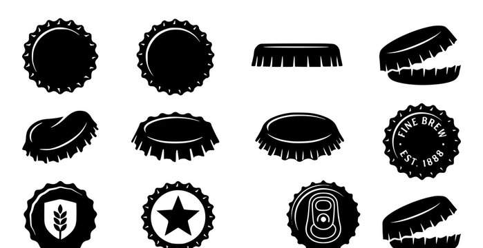 Black and white collection of bottle caps and crowns isolated vector illustration for branding