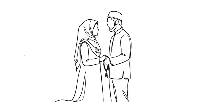 Muslim couple holding hands minimalist line art illustration romantic connection islamic wedding modern aesthetic spiritual bond