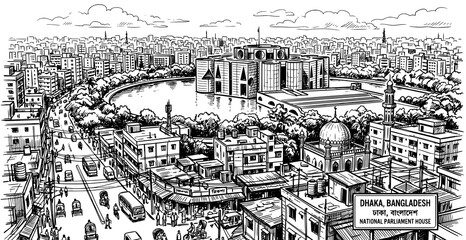Fototapeta premium Detailed ink sketch of dhaka bangladesh cityscape featuring the national parliament house and surrounding urban environment
