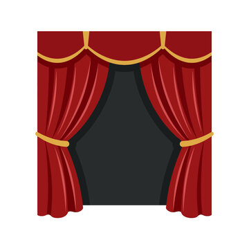 The red theater curtains frame a dark stage awaiting an audience