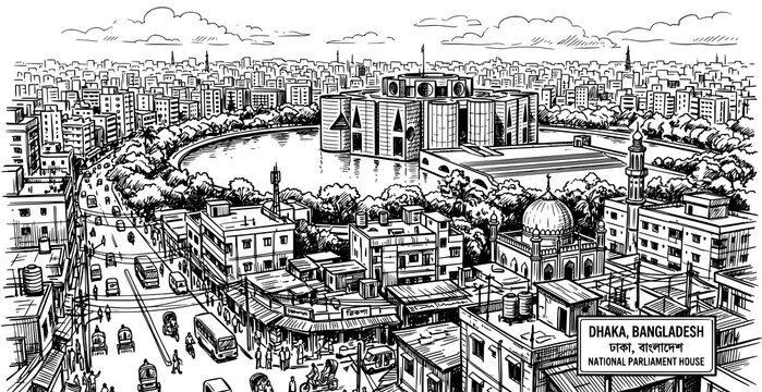 Detailed ink sketch of dhaka bangladesh cityscape featuring the national parliament house and surrounding urban environment