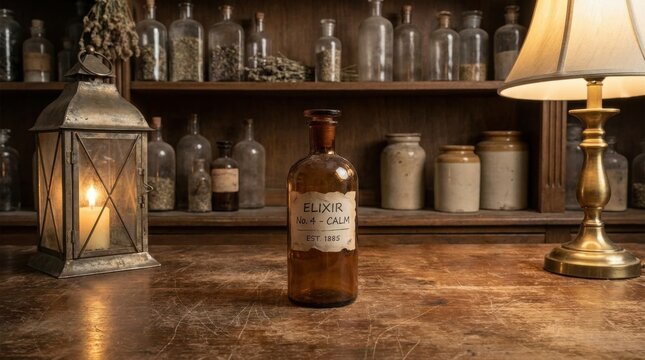 Vintage elixir bottle on wooden table with lantern