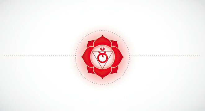 A glowing red chakra symbol with a central dot is suspended in a soft pink aura against a white background.