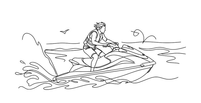 Line art illustration of a man riding a jet ski on ocean waves outdoor recreation concept