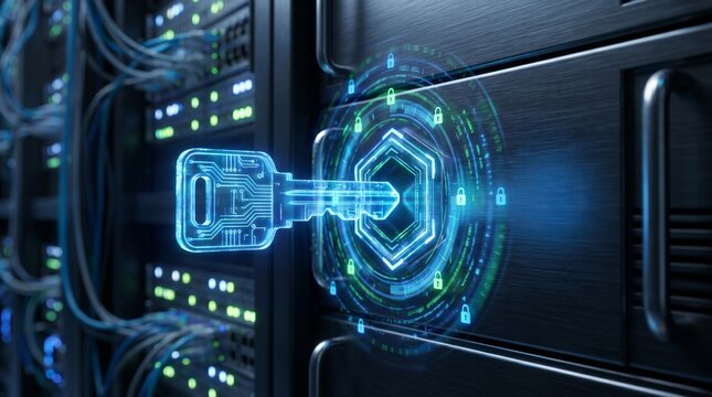 Digital glowing key unlocking a secure server rack in data center room for cyber protection and encrypted storage