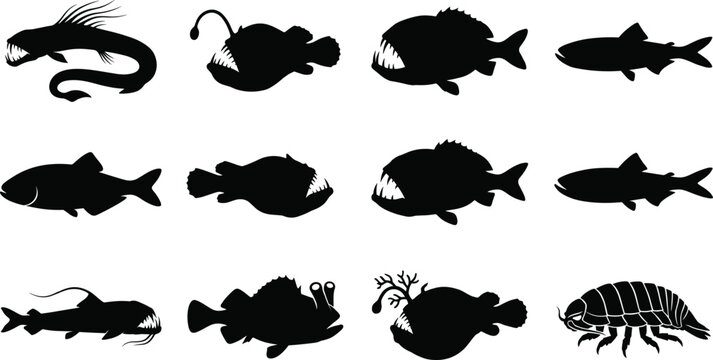Deep sea fish and marine monster silhouettes vector set collection isolated on white background