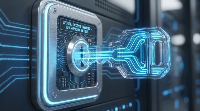 Secure access granted and encryption active notification on industrial network server with glowing digital key inserting mechanism