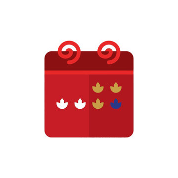 This red calendar icon features decorative spirals and markers