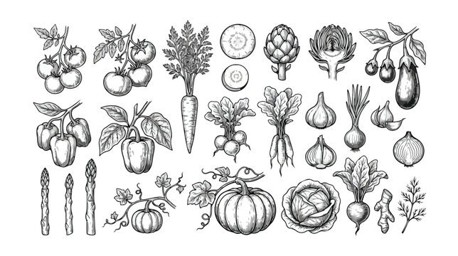 Vintage hand drawn vegetable sketches, rustic woodcut garden harvest icons, 25 black and white organic food vector illustrations for menu design