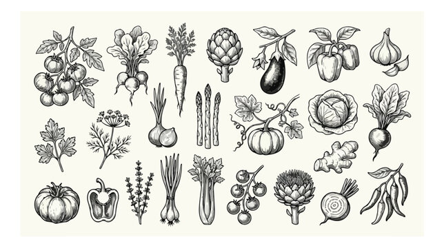 Vintage hand drawn vegetable collection, 24 organic farm food icons. Engraved garden produce vector set for menu design and packaging.