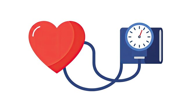 A medical illustration shows a heart connected to a blood pressure monitor.