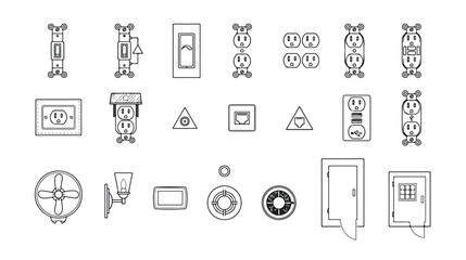 Fototapeta premium Electrical blueprint symbols set, 20 architectural line icons for floor plans. Professional power outlet and light switch vector collection for interior design.