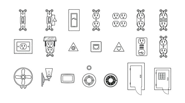 Electrical blueprint symbols set, 20 architectural line icons for floor plans. Professional power outlet and light switch vector collection for interior design.