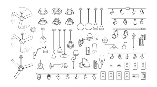 Modern lighting fixtures and ceiling fan icons set, minimalist interior lamp line art collection, architectural electrical equipment vector illustrations