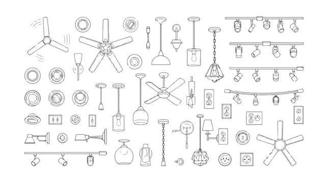 Minimalist lighting fixtures and ceiling fans vector set, modern interior lamp line icons, home electrical appliance collection for architectural plans