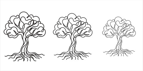 Fototapeta premium Line art trees with roots on a white background botanical illustration