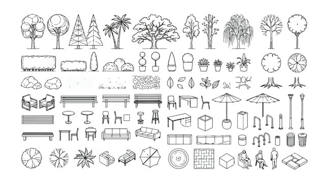 Minimalist landscape architecture symbols, outdoor furniture and garden tree vector icons, architectural site plan elements for park design