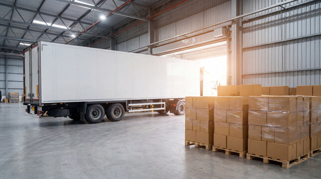 White semi truck at a warehouse loading dock with pallets of cargo boxes for logistics transport