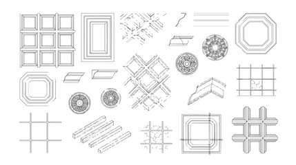 Architectural ceiling molding vector set, classic interior crown molding profiles, decorative plaster cornice and trim design elements © xantii