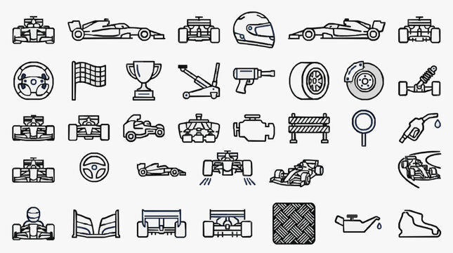 Professional Racing and Motorsport Iconography Collection Featuring Vehicles Equipment and Accessories