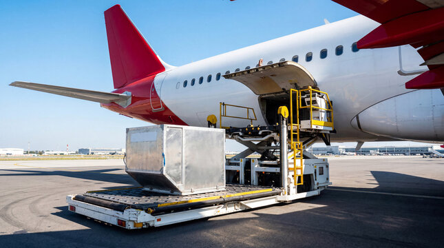 Loading an air cargo container into an airplane using ground logistics transport at the airport