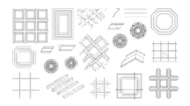 Architectural ceiling molding vector set, classic interior crown moulding profile icons, decorative plaster cornice and coffered ceiling elements