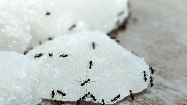 Black ants swarm and eat chunks of white rock sugar	