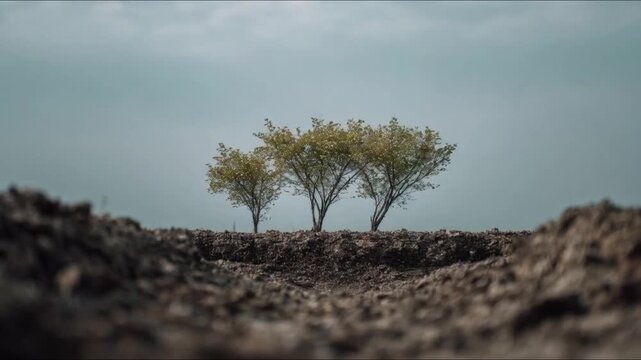 A sparse group of three trees stands resiliently on a parched earth landscape under a vast, muted sky. ..Created with Generative AI, not depicting real subjects.