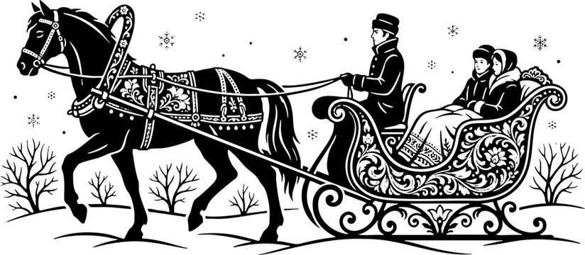 Vintage Horse-Drawn Sleigh Illustration in Winter Landscape