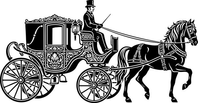 Vintage horse-drawn carriage with coachman silhouette illustration