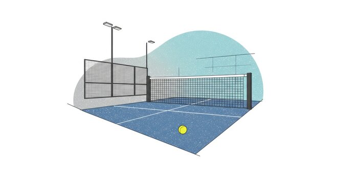 Tennis players compete on outdoor court with fence and lights at sunset