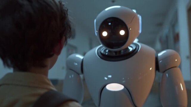 A friendly robot with glowing eyes stands face-to-face with a young child, creating a sense of wonder and the dawn of a new technological era. Created with Generative AI, not depicting real subjects.