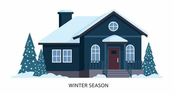 A dark blue house with snow on the roof and ground surrounded by trees