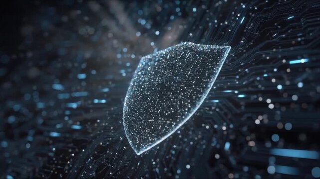 A glowing digital shield pulsates with light. ..Created with Generative AI, not depicting real subjects.