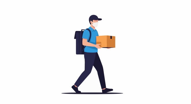A delivery person in a blue shirt and cap, wearing a face mask, carries a cardboard box
